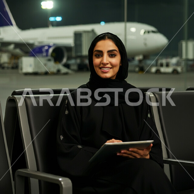 الاستعداد للسفر في رحلة عمل, انجاز مهام الاعمال عن بعد، مفهوم الرحلات الجوية السياحية, سيدة أعمال عربية سعودية خليجية محجبة ترتدي العباءة السوداء تجلس داخل صالة الانتظار في المطار تعمل على جهاز التابلت، قضاء عطلة صيفية ممتعة