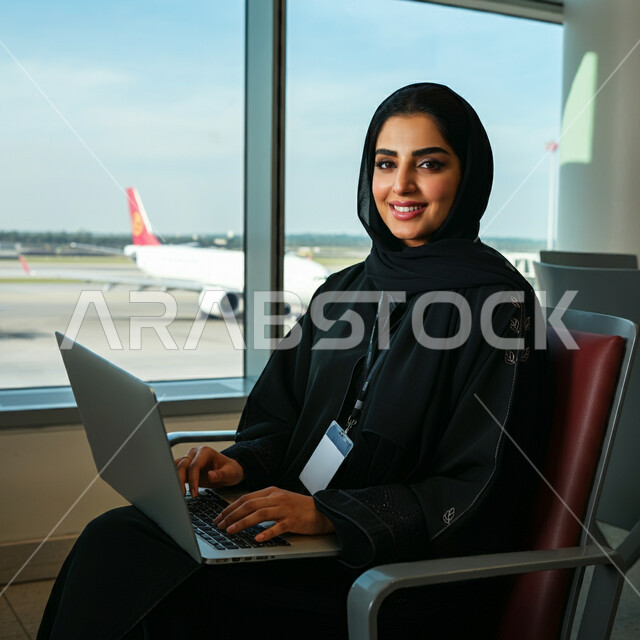 انجاز مهام الاعمال عن بعد، مفهوم الرحلات الجوية السياحية, سيدة أعمال عربية سعودية خليجية محجبة ترتدي العباءة السوداء تجلس داخل صالة الانتظار في المطار تعمل على جهاز الحاسوب المحمول, الاستعداد للسفر في رحلة عمل, قضاء عطلة صيفية ممتعة