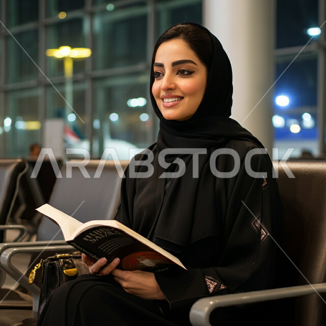 البحث والاطلاع على مجالات مختلفة، قضاء وقت ممتع في القراءة، رحلات السفر الجويه، هواية المطالعة والاستكشاف، الاستعداد للذهاب في رحلة سياحية، صورة من الجانب لامرأة عربية خليجية سعودية محجبة تجلس في صالة انتظار المطار تحمل بيدها كتاب