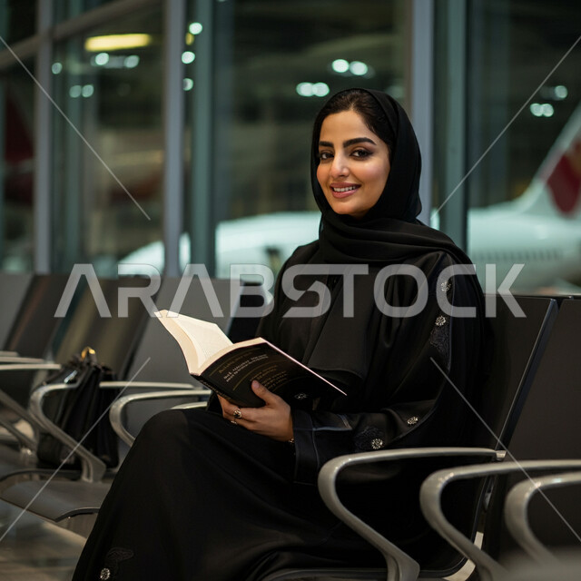 قضاء وقت ممتع في القراءة، رحلات السفر الجويه، هواية المطالعة والاستكشاف، الاستعداد للذهاب في رحلة سياحية، صورة من الجانب لامرأة عربية خليجية سعودية محجبة تجلس في صالة انتظار المطار تحمل بيدها كتاب، البحث والاطلاع على مجالات مختلفة