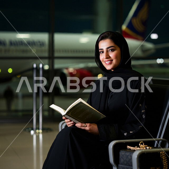 رحلات السفر الجويه، هواية المطالعة والاستكشاف، الاستعداد للذهاب في رحلة سياحية، صورة من الجانب لامرأة عربية خليجية سعودية محجبة تجلس في صالة انتظار المطار تحمل بيدها كتاب، قضاء وقت ممتع في القراءة، البحث والاطلاع على مجالات مختلفة
