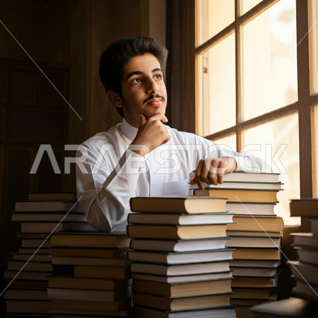 الثقافة والقراءة والإستطلاع، صورة مقربة لشاب عربي خليجي سعودي يرتدي الثوب التقليدي يقوم بالاتكاء على مجموعة من الكتب يضع يده على ذقنه بايماءات السرور والسعادة، زيارة المكتبة لمدرسية