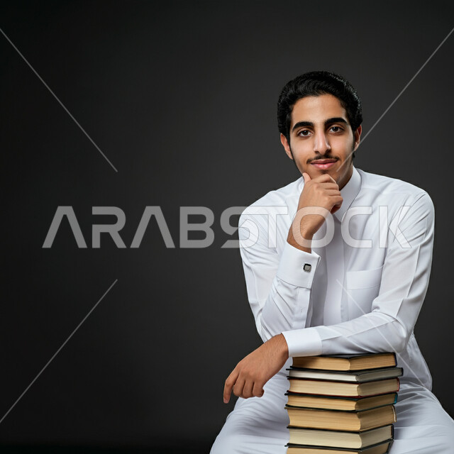 القراءة والثقافة والإستطلاع، بورتريه مقرب لشاب عربي خليجي سعودي يرتدي الثوب التقليدي يقوم بالاتكاء على مجموعة من الكتب يضع يده على ذقنه بايماءات السرور والسعادة، زيارة المكتبة المدرسية، خلفية سوداء