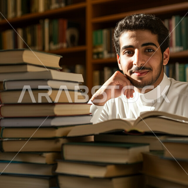 الثقافة والقراءة والإستطلاع، صورة مقربة لشاب عربي خليجي سعودي يرتدي الثوب التقليدي يقوم بالاتكاء على مجموعة من الكتب يضع يده على ذقنه بايماءات السرور والسعادة، زيارة المكتبة لمدرسية