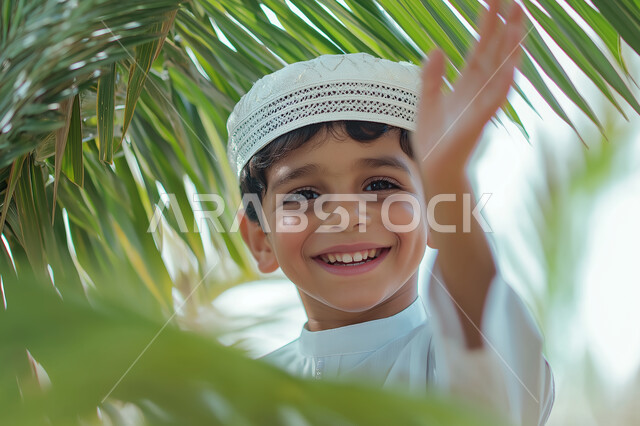 الاهتمام بزراعة الاشجار والنباتات الخضراء في المملكة العربية السعودية، تعابير الفرح والسرور، أراضي ومحاصيل زراعية، ولد عربي خليجي سعودي مبتسم يرتدي القبعة البيضاء الإسلامية يقف مزرعة يرفع يده بايماءات السلام