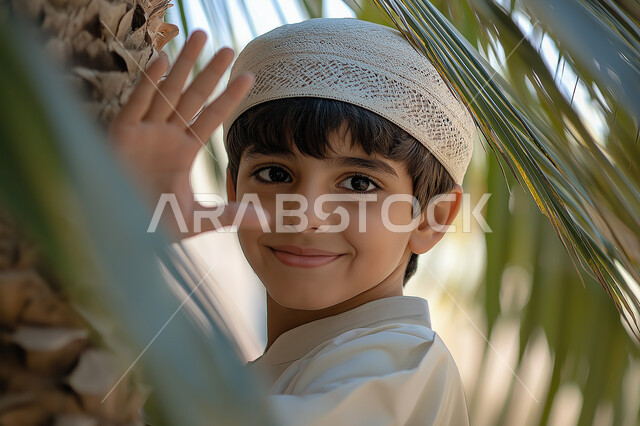 Expressions of joy and happiness, interest in planting trees and green plants in the Kingdom of Saudi Arabia, agricultural lands and crops, a smiling Saudi Gulf Arab boy wearing the white Islamic hat standing on a farm raising his hand with peace gestures