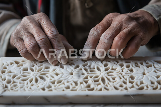 حرف ومهن شعبية تراثية، منحوتات وزخارف وأعمال فنية يدوية، معارض للمواهب والفنون، الصناعات التشكيلية اليدوية، صورة مقربة لايدي رجل عربي خليجي سعودي يقوم بحفر وتشكيل الجبصين