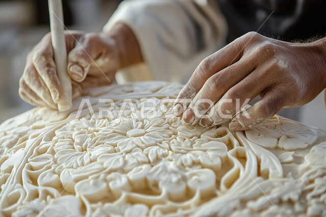 منحوتات وزخارف وأعمال فنية يدوية، حرف ومهن شعبية تراثية، معارض للمواهب والفنون، الصناعات التشكيلية اليدوية، الأدوات والمعدات الخاصة بالنحت، صورة مقربة لايدي رجل عربي خليجي سعودي يقوم بحفر وتشكيل الجبصين
