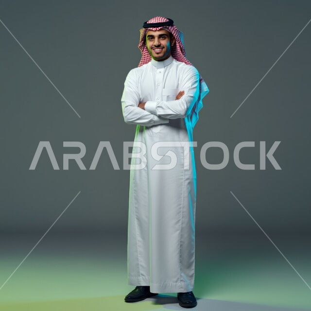 The concept of elegance and masculinity, standing straight and confident, portrait of a handsome young Saudi Arabian Gulf man smiling wearing a shemagh and traditional dress, looking at the camera with crossed hand gestures, taking care of one's appearance, full-length body image, colored background