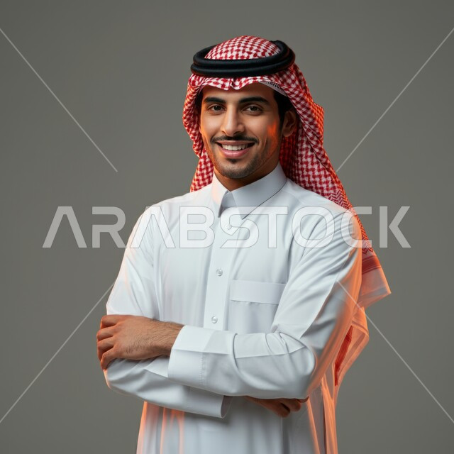 Looking at camera with crossed hands gestures, concept of elegance and masculinity, standing straight and confident, portrait of a handsome smiling young Saudi Arabian Gulf man wearing a traditional shemagh and thobe, interest in appearance, full body image, colorful background