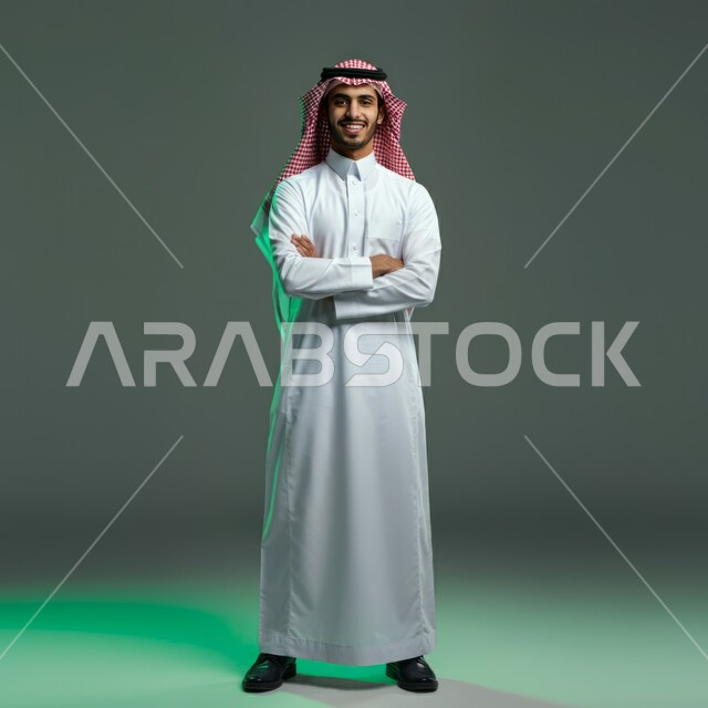 Looking at camera with crossed hands gestures, concept of elegance and masculinity, standing straight and confident, portrait of a handsome smiling young Saudi Arabian Gulf man wearing a traditional shemagh and thobe, interest in appearance, full body image, colorful background
