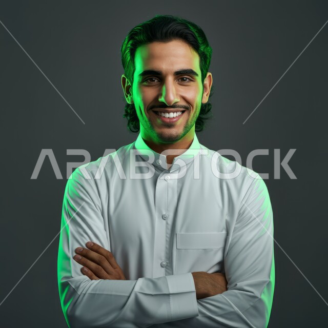 الوقوف باستقامة وثقه بالنفس، الاهتمام بالمظهر الخارجي، مفهوم الاناقه و الرجولة ، بورتريه لشاب وسيم عربي خليجي سعودي مسرور يرتدي الثوب التقليدي ينظر إلى الكاميرا بإيماءات أيدي متقاطعه، خلفية رمادية