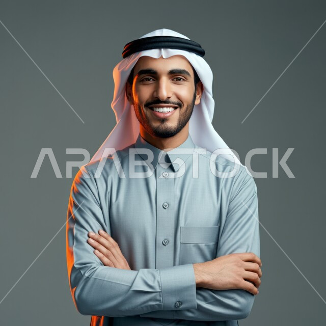 Concern about appearance, concept of elegance and masculinity, standing up straight and confident, portrait of a handsome happy young Saudi Arabian Gulf man wearing a white ghutra and traditional thobe looking at the camera with crossed hand gestures, full body image, colored background