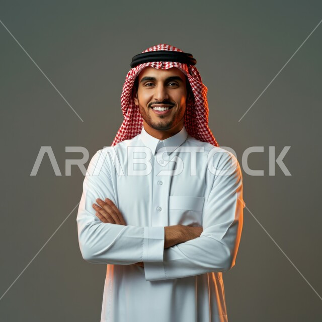 Caring about appearance, concept of elegance and masculinity, standing straight and confident, portrait of a handsome young Saudi Arabian Gulf man, happy, wearing a shemagh and traditional dress, looking at the camera with crossed hand gestures, gray background