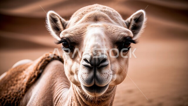 التكوينات والتشكيلات الصخرية، التلال والكثبان الرملية، المحميات الطبيعية لتربية ورعاية الابل، رعاية الثدييات والمواشي وحيوان الجمل في صحاري المملكة العربية السعودية، صورة مقربة لناقة عربية أصيلة في المناطق الصحراوية، مفهوم الأصالة والعراقة 