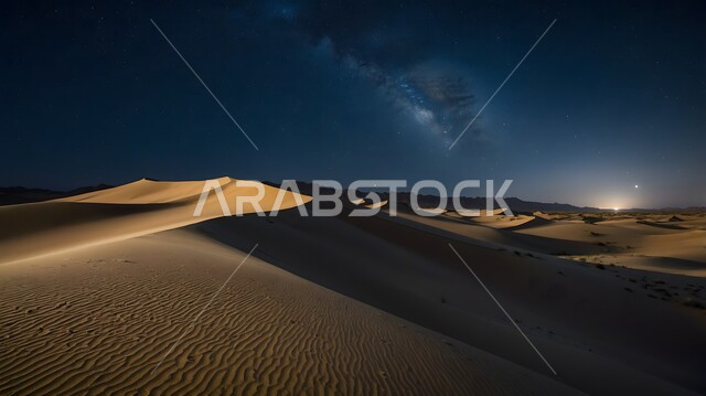 منظر لمجرة درب التبانة والنجوم اللامعة في سماء السعوديه, جبال ومرتفعات المملكة العربية السعودية في الليل، التضاريس والبيئة الصحراوية في الصحراء العربية، الكثبان الرملية الذهبية،  خلفية الطبيعة