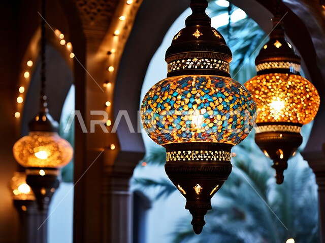 العادات والتقاليد العربية في زينة الأعياد والمناسبات الدينية, فوانيس وتحف وديكورات تقليدية للاحتفال بقدوم شهر رمضان المبارك، أجواء رمضانية وروحانية إسلامية، فوانيس عربية معدنية مزخرفة مضيئة معلقة