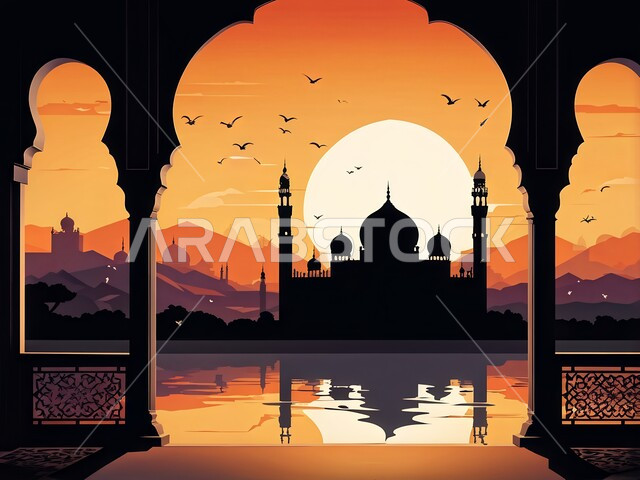 مفهوم العباده والتقرب إلى الله, دعوة المسلمين إلى الصلاه, صورة غروب الشمس لقبب احدى المساجد, المعالم الدينيه الإسلاميه في المملكه العربيه السعوديه, الفن الهندسي المعماري على الطراز الأسلامي, اسلاميات وعباده