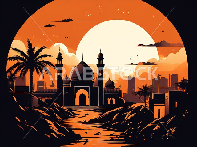 مفهوم العباده والتقرب إلى الله, دعوة المسلمين إلى الصلاه, صورة غروب الشمس لقبب احدى المساجد, المعالم الدينيه الإسلاميه في المملكه العربيه السعوديه, الفن الهندسي المعماري على الطراز الأسلامي, اسلاميات وعباده