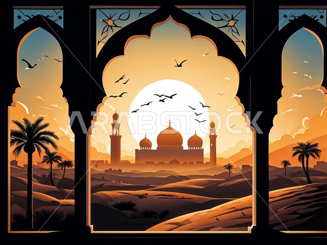 مفهوم العباده والتقرب إلى الله, دعوة المسلمين إلى الصلاه, صورة غروب الشمس لقبب احدى المساجد, المعالم الدينيه الإسلاميه في المملكه العربيه السعوديه, الفن الهندسي المعماري على الطراز الأسلامي, اسلاميات وعباده