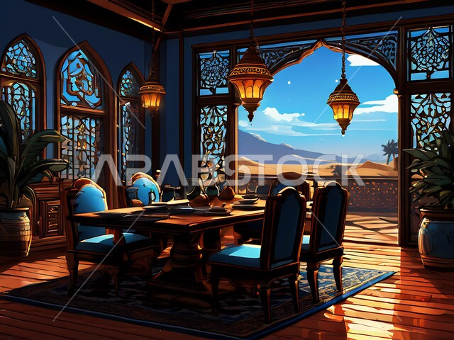 استخدام الطراز الفني الانيق في الاثاث المنزلي، غرفة سفرة بتصاميم كلاسيكية راقية، ديكورات داخلية حديثة، شقق وفلل سكنية في المملكة العربية السعودية، الواجهات والنوافذ الزجاجية الضخمة، طاولة طعام خشبية محاطة بكراسي