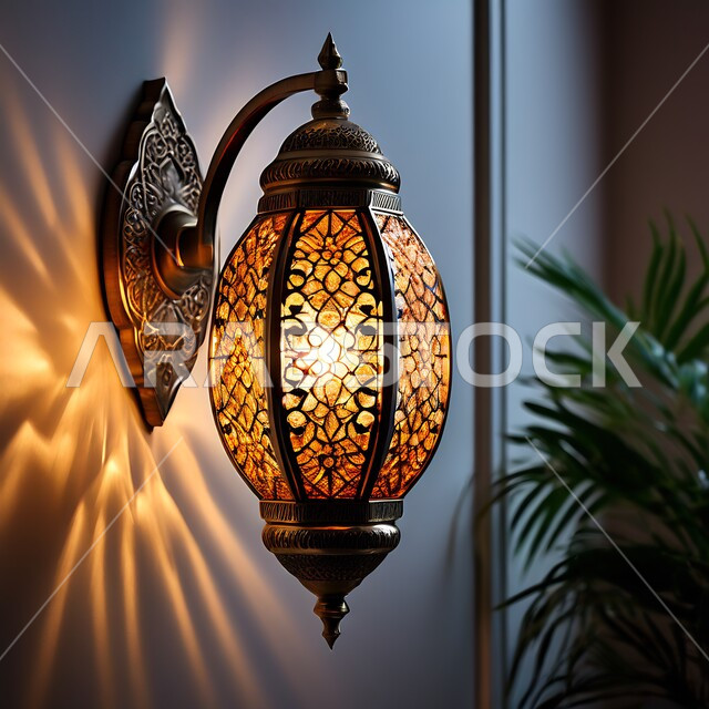 فانوس عربي معدني مزخرف مضيء معلق على جدار، العادات والتقاليد العربية في زينة الأعياد والمناسبات الدينية, تحف وديكورات تقليدية للاحتفال بقدوم شهر رمضان المبارك، أجواء رمضانية وروحانية إسلامية