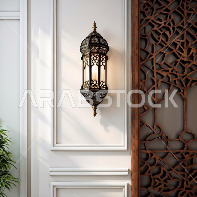 تحف وديكورات تقليدية للاحتفال بقدوم شهررمضان المبارك، فانوس عربي معدني مزخرف مضيء معلق ، العادات والتقاليد العربية في زينة الأعياد والمناسبات الدينية, أجواء رمضانية وروحانية إسلامية