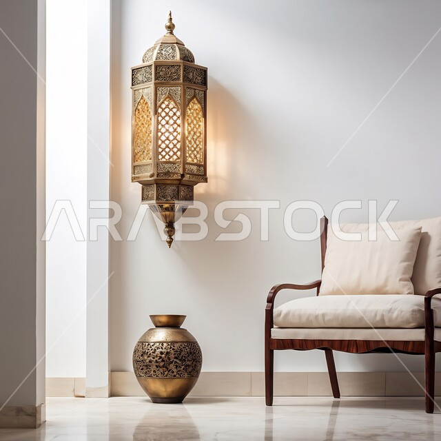 تحف وديكورات تقليدية للاحتفال بقدوم شهررمضان المبارك، فانوس عربي معدني مزخرف مضيء معلق ، العادات والتقاليد العربية في زينة الأعياد والمناسبات الدينية, أجواء رمضانية وروحانية إسلامية