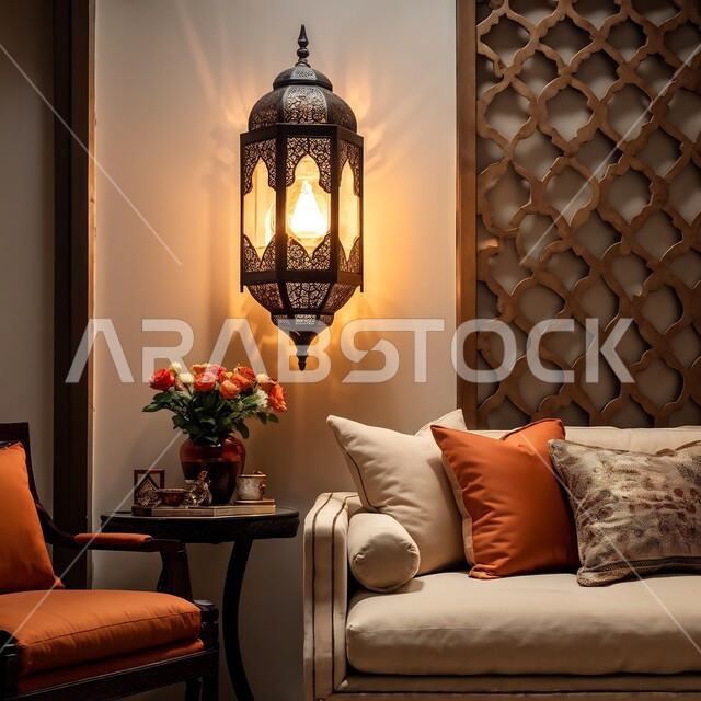 تحف وديكورات تقليدية للاحتفال بقدوم شهررمضان المبارك، فانوس عربي معدني مزخرف مضيء معلق ، العادات والتقاليد العربية في زينة الأعياد والمناسبات الدينية, أجواء رمضانية وروحانية إسلامية