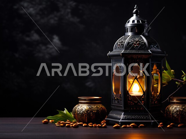 الاحتفال بالأعياد والمناسبات الدينية، اكسسوارات و تحف ثلاثية الأبعاد، الاستعداد لاستقبال شهر رمضان المبارك، ديكورات وأنوار اسلامية، أجواء رمضانية روحانية، فانوس تقليدي معدني مضيء، خلفية سوداء