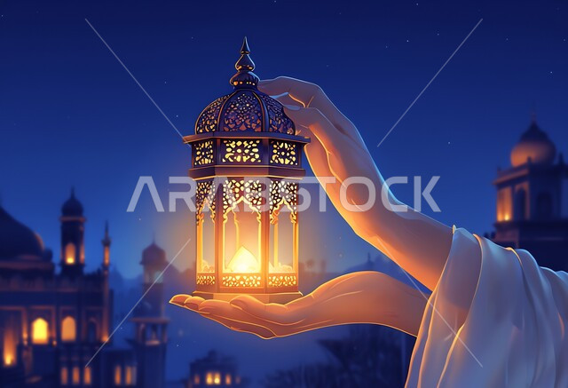فوانيس وتحف وديكورات تقليدية للاحتفال بقدوم شهر رمضان المبارك، العادات والتقاليد العربية في زينة الأعياد والمناسبات الدينية,  أجواء رمضانية وروحانية إسلامية، صورة مقربة ليد تحمل فانوس عربي معدني مزخرف مضيئ ليلا