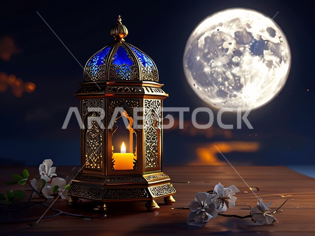 العادات والتقاليد العربية في زينة الأعياد والمناسبات الدينية, فوانيس وتحف وديكورات تقليدية للاحتفال بقدوم شهر رمضان المبارك، أجواء رمضانية وروحانية إسلامية، فانوس عربي معدني مزخرف مضيئ, البدر  لبمضيء في السماء ليلا
