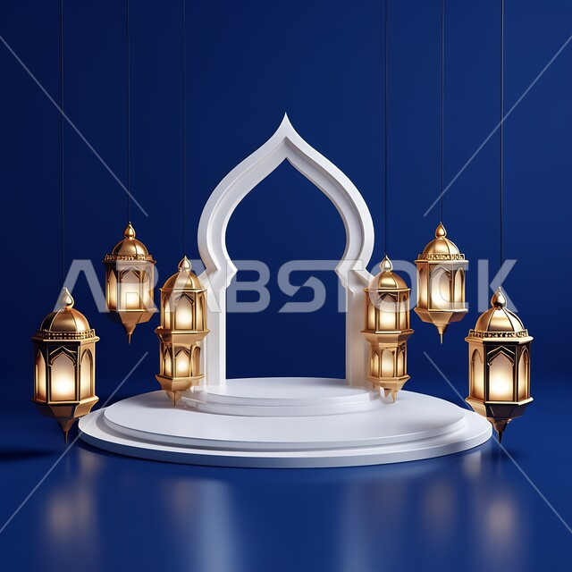 تحف اسلامية تقليدية للاحتفال بقدوم شهر الخير، رسومات ثلاثية الابعاد لفوانيس عربية معلقة معدنية مضيئة, بطاقات تهنئة بمناسبة الأعياد والمناسبات الدينية، إضاءة وزينة المنازل باكسسوارات شهر رمضان, خلفية زرقاء
