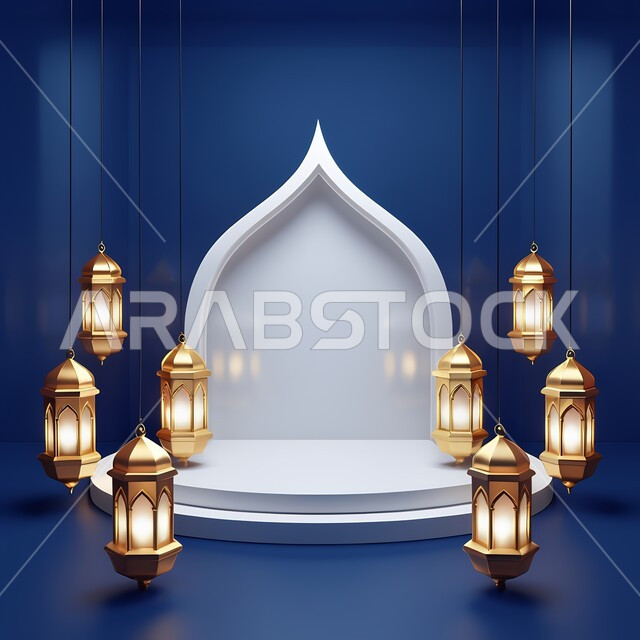 تحف اسلامية تقليدية للاحتفال بقدوم شهر الخير، رسومات ثلاثية الابعاد لفوانيس عربية معلقة معدنية مضيئة, بطاقات تهنئة بمناسبة الأعياد والمناسبات الدينية، إضاءة وزينة المنازل باكسسوارات شهر رمضان, خلفية زرقاء