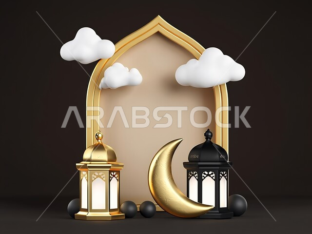 تحف واكسسوارات ثلاثية الأبعاد، الاحتفال بالأعياد والمناسبات الدينية، الاستعداد لاستقبال شهر رمضان المبارك، ديكورات وأنوار اسلامية، أجواء رمضانية روحانية، فوانيس تقليدية معدنية مزخرفة، خلفية سوداء