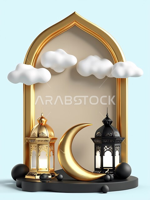 تحف اسلامية تقليدية للاحتفال بقدوم شهر الخير، رسومات ثلاثية الابعاد لفوانيس عربية معلقة معدنية مضيئة, بطاقات تهنئة بمناسبة الأعياد والمناسبات الدينية، إضاءة وزينة المنازل باكسسوارات شهر رمضان, خلفية زرقاء