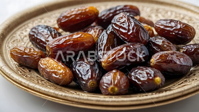 Delicious healthy foods with high nutritional value, a plate of a group of Saudi dates, agricultural crops in the Kingdom of Saudi Arabia, local national products, fresh date crop