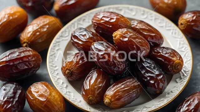 أغذية صحية لذيذة ذات قيمة غذائية عالية, طبق لمجموعة من حبات التمر السعودي, المحاصيل الزراعية في المملكة العربية السعودية, منتجات محلية وطنية, محصول الرطب الطازج
