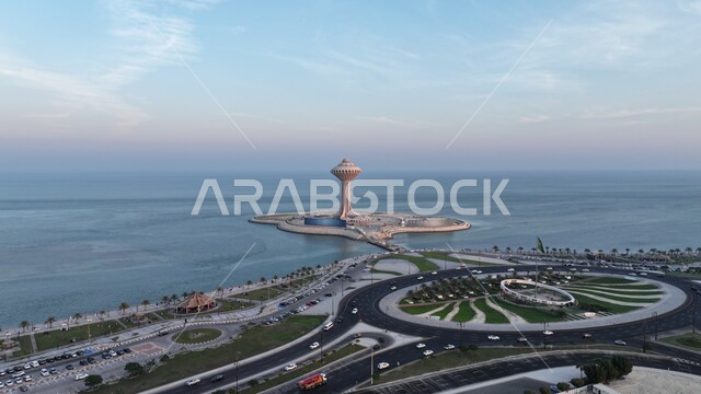 Water tower in Al Khobar during the day, architectural engineering art of building towers and skyscrapers in the modern style, famous coastal tourist places in the Kingdom of Saudi Arabia, attracting and attracting tourists from all over the world