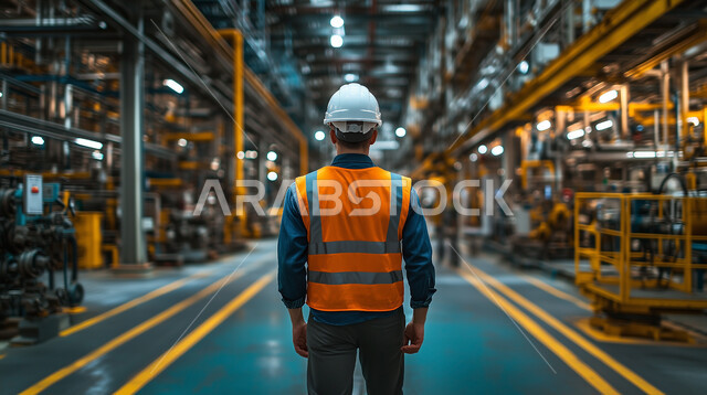 الاشراف والتدقيق في المعامل الصناعية، جودة الإنتاج والتصنيع, صورة مقربة من الخلف لمهندس عربي خليجي سعودي يرتدي السترة وخوذة الحماية يتجول في المصنع, مهن ووظائف شبابية في المملكة العربية السعودية، العمل في المجال الصناعي