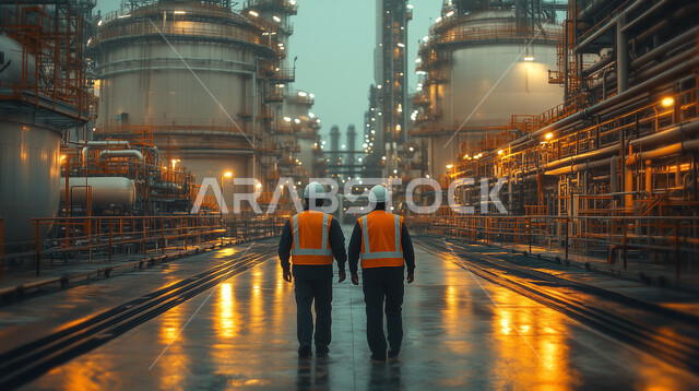 عمال مصفاة صناعية يسيرون نحو المصنع عند غروب الشمس، العمل في مجال الصناعات والمشاريع البيتروكيماوية، خطوط الأنابيب والكابلات الفولاذية، مفهوم إنتاجية الغاز في المملكة العربية السعودية, متابعة سير الاعمال في المصانع والمعامل