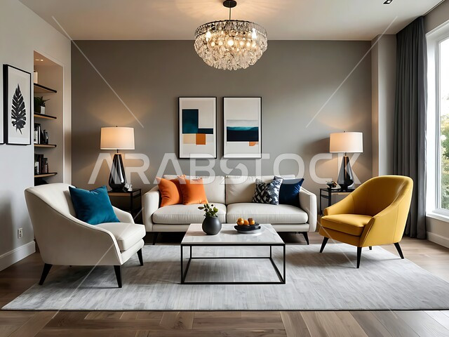 التصميم العصري الراقي الأنيق, التصاميم الداخلية لغرف الجلوس على الطراز الحديث, غرفة معيشة مع أثاث منزلي فاخر, الديكورات الداخلية الراقية, فلل وشقق سكنية في المملكة العربية السعودية