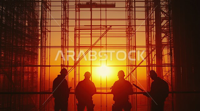 إدارة المشاريع والمخططات الإنشائية, الإشراف على أعمال البناء, الإعمار بسواعد أبناء الوطن, صورة ظلية لمهندسين عربيين خليجيين سعوديين يرتدون خوذة الحماية يقفون في موقع العمل في وقت الغروب