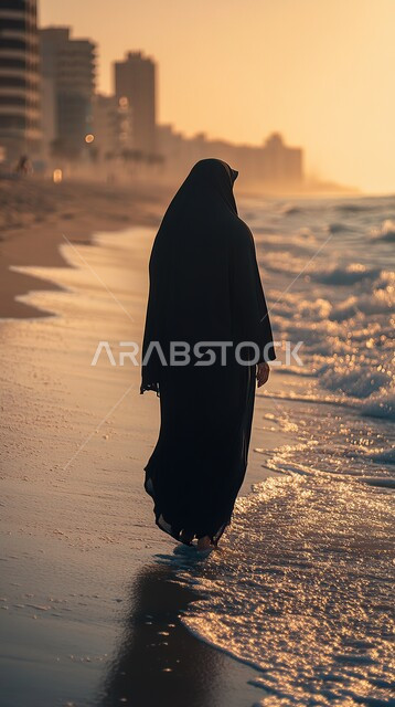 Enjoying summer recreational trips, the concept of recreation, seclusion and tranquility, spending enjoyable and quiet times on the beach, a picture from the back of a veiled Saudi Arabian Gulf woman wearing a black abaya walking on the beach