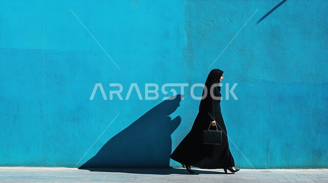 مفهوم الأناقة والاهتمام بالمظهر الخارجي, أزياء محجبات أنيقة عصرية, صورة من الجانب لامرأة عربية خليجية سعودية محجبة ترتدي العباءة السوداء تحمل حقيبة بيدها تمشي بجانب حائط أزرق