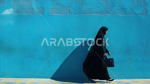 مفهوم الأناقة والاهتمام بالمظهر الخارجي, أزياء محجبات أنيقة عصرية, صورة من الجانب لامرأة عربية خليجية سعودية محجبة ترتدي العباءة السوداء تحمل حقيبة بيدها تمشي بجانب حائط أزرق