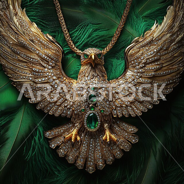 رمز القوة والتحدي وحدة البصر, قلادة لنسر عربي أصيل مزينة بالأحجار الكريمة, الاهتمام بتربية ورعاية الطيور الجارحة والمفترسة, الفخر بأصالة وعراقة التراث الخليجي السعودي, خلفية خضراء