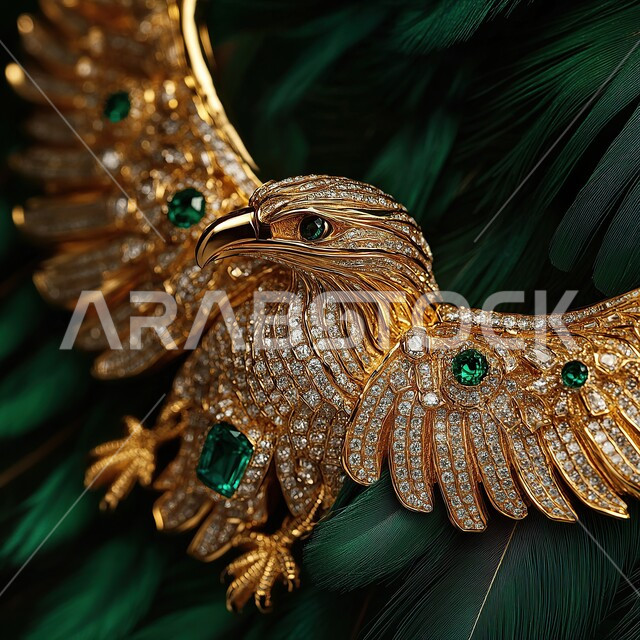 الفخر بأصالة وعراقة التراث الخليجي السعودي, رمز القوة والتحدي وحدة البصر, قلادة لنسر عربي أصيل مزينة بالأحجار الكريمة, الاهتمام بتربية ورعاية الطيور الجارحة والمفترسة, خلفية خضراء