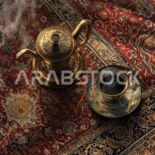 Serving hot drinks during visits, Eastern Arab customs and traditions, a teapot and a cup of tea on a traditional patterned carpet, popular gatherings in the Kingdom of Saudi Arabia, hospitality and reception