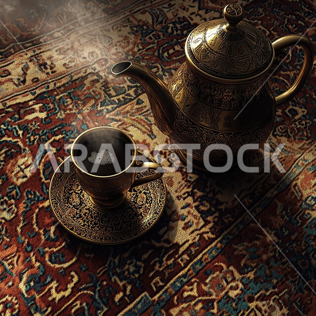 حسن الضيافة والاستقبال, تقديم المشروبات الساخنة في الزيارات, العادات والتقاليد العربية الشرقية, ابريق وفنجان من الشاي على سجادة تقليدية منقوشة, الجلسات الشعبية في المملكة العربية السعودية